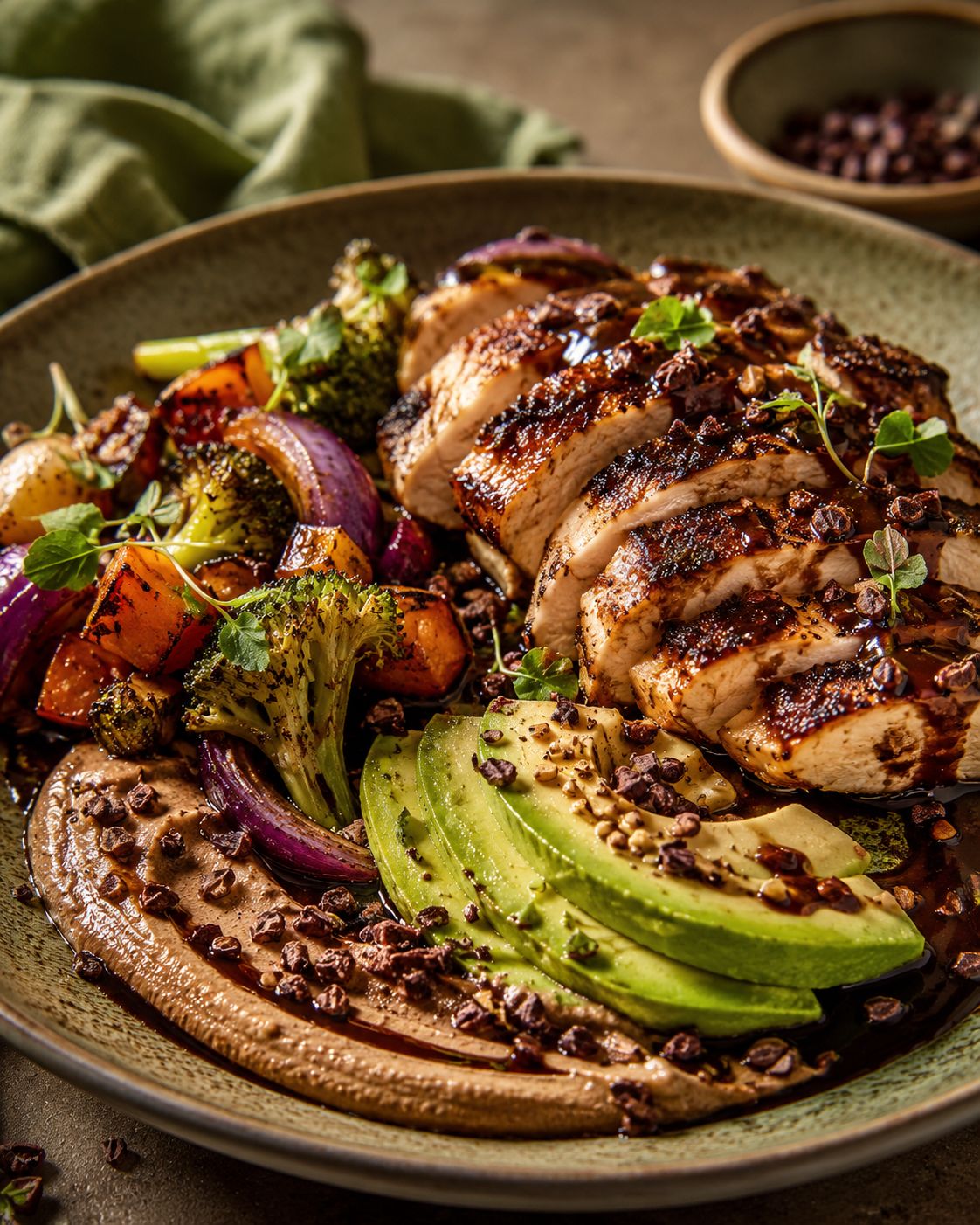 Natty Bites — Grilled chicken with roasted vegetables and avocado, high-protein meal